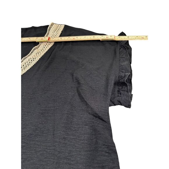 Black Shein Curve OXL V-Neck Tie-Front Blouse With Crochet Trim & Button Detail - Picture 9 of 11